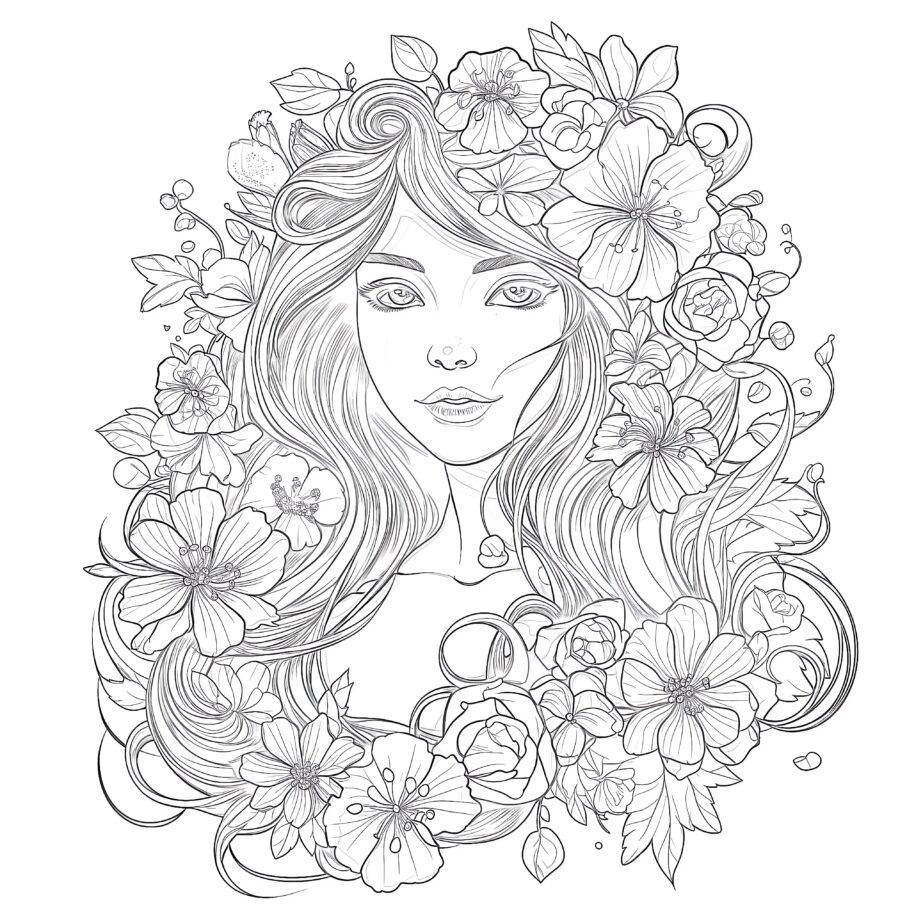 Beautiful Girl With Flowers Coloring Page