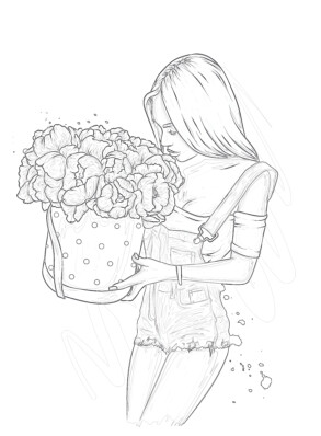 Beautiful Girl With Flowers - Coloring page