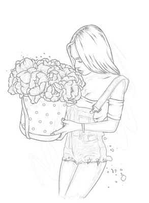 Beautiful Girl With Flowers - Coloring page