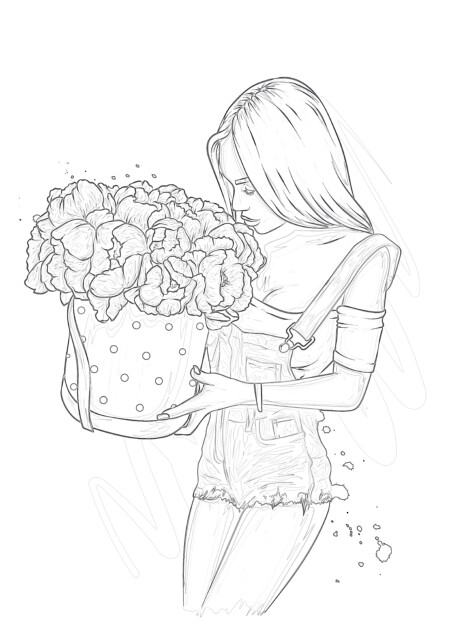 Printable Beautiful Girl With Flowers Coloring Page - Mimi Panda