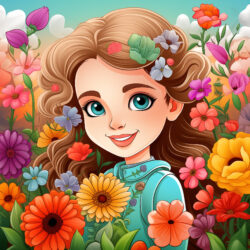 Girl Colored Flowers Coloring Page - Origin image