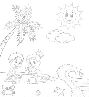 Children Making Sand Castle - Coloring page