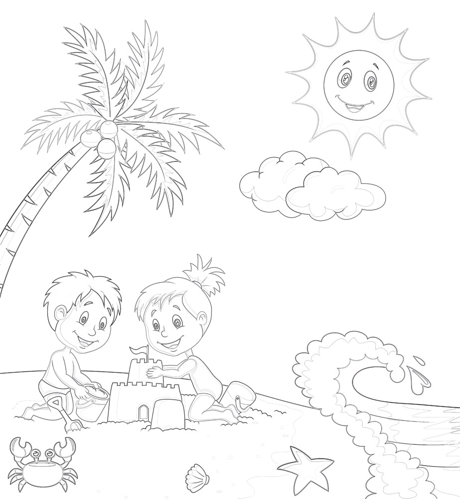Children Making Sand Castle - Coloring page