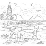 Children Playing On The Beach Coloring Page