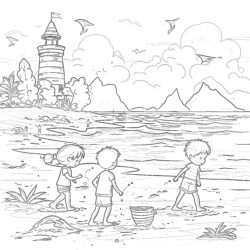 Children Playing On The Beach - Printable Coloring page