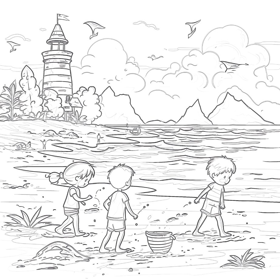 Children Playing On The Beach Coloring Page