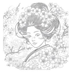 Geisha With Sakura Coloring Page - Printable Coloring page