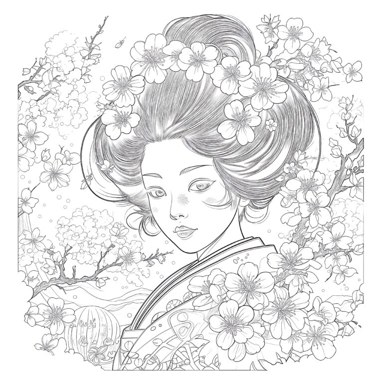 Geisha With Sakura | Coloring Pages Mimi Panda