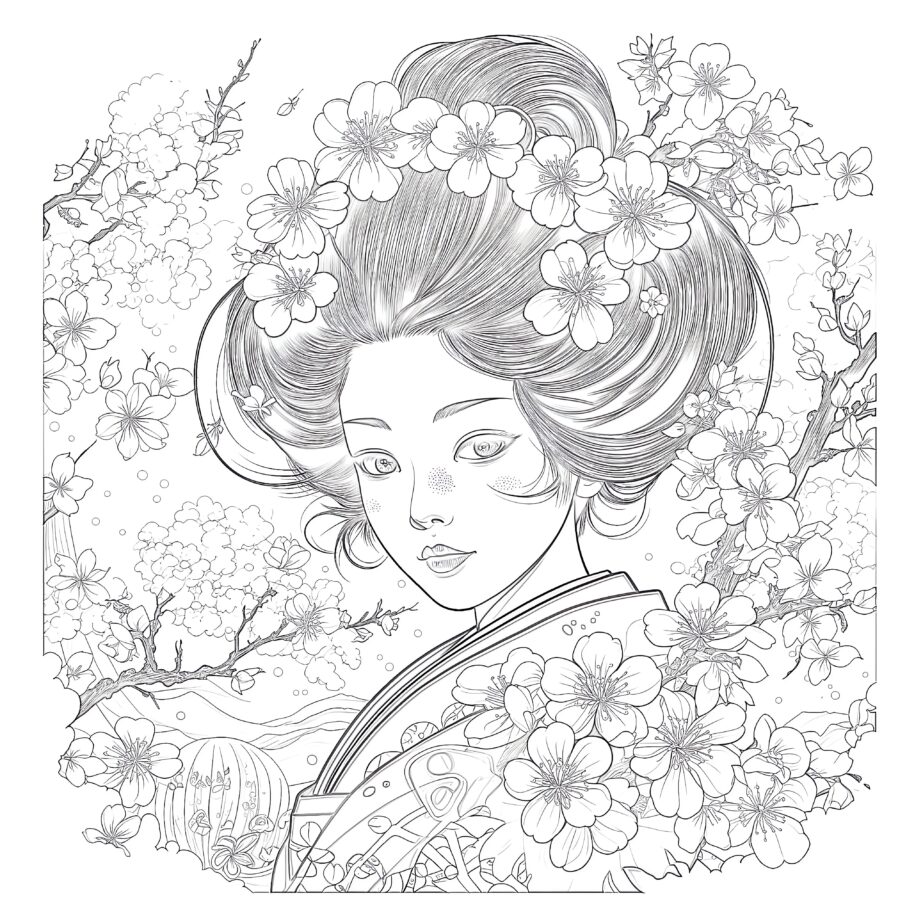 Geisha With Sakura Coloring Page