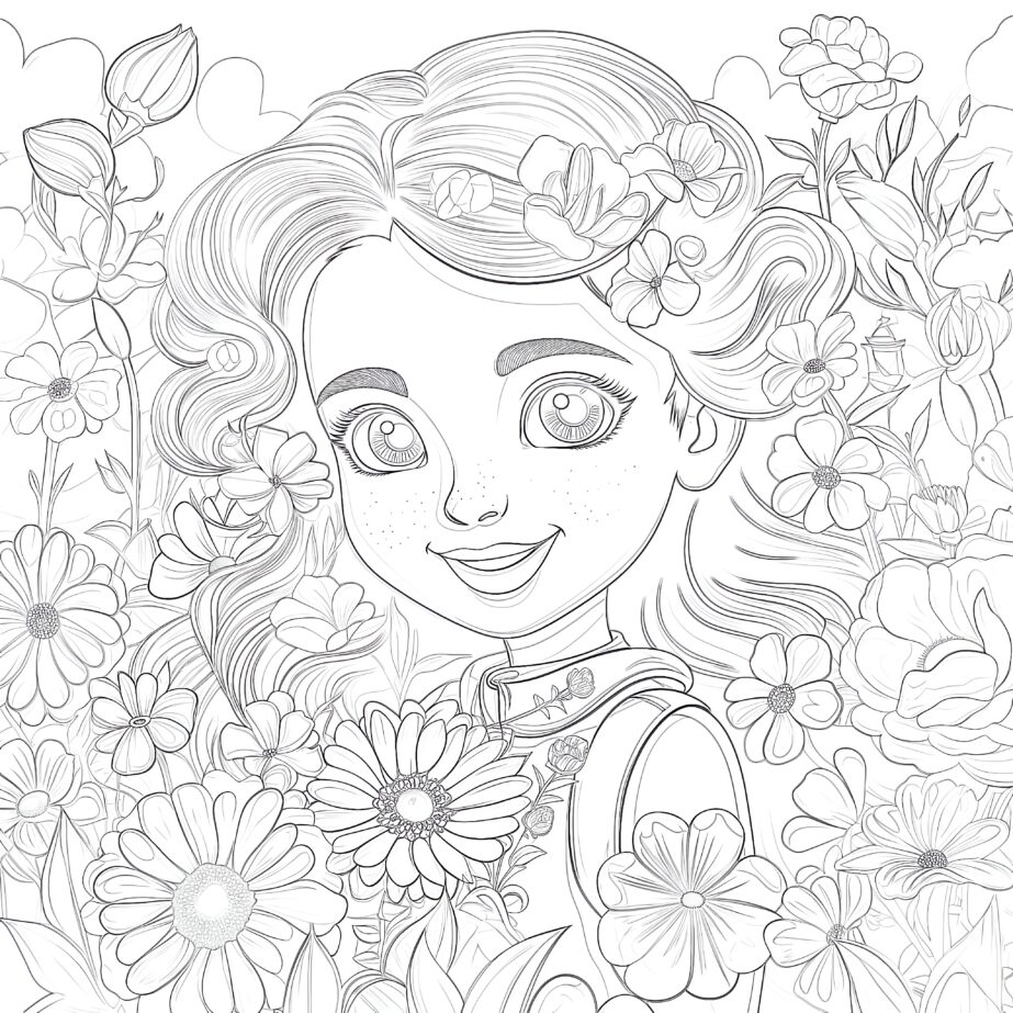 Girl Colored Flowers Coloring Page