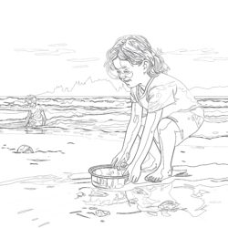 Girl Playing Beach - Printable Coloring page