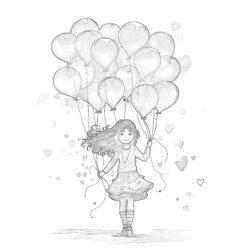 Girl With Balloons Form Hearts Coloring Page - Printable Coloring page