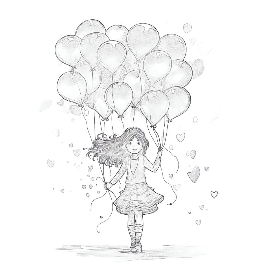 Girl With Balloons Form Hearts Coloring Page