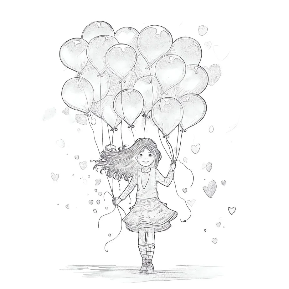 Girl With Balloons Form Hearts Coloring Page