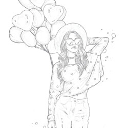 girl with balloons form hearts - Printable Coloring page