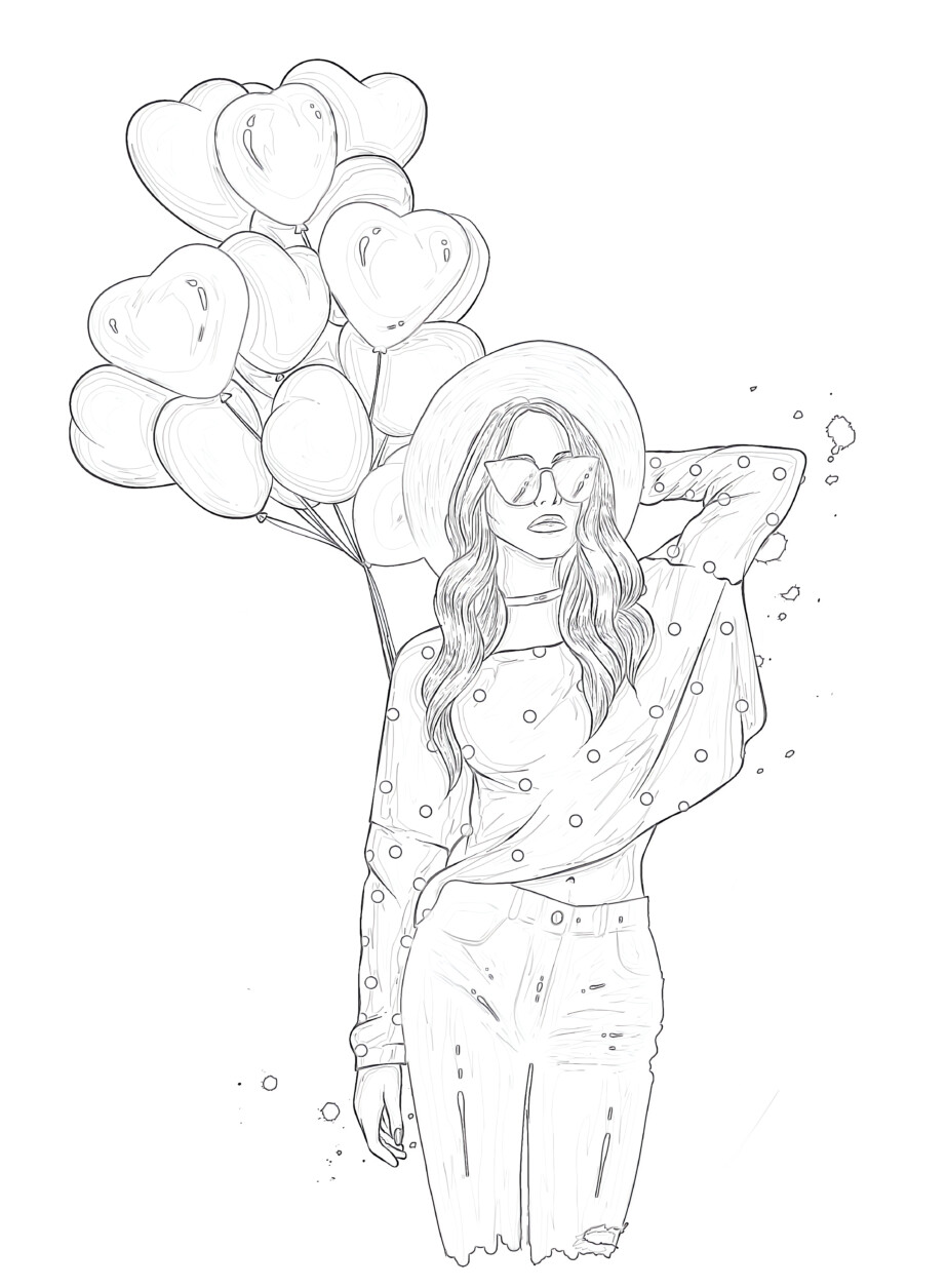 girl with balloons form hearts - Coloring page