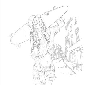 Girl With Skateboard - Coloring page