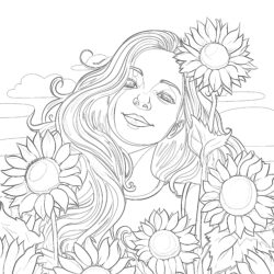 Girl With Sunflowers - Printable Coloring page