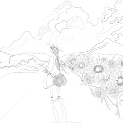 Girl With Sunflowers - Printable Coloring page