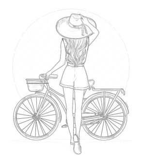 Pop Art Girl Near Bicycle - Coloring page