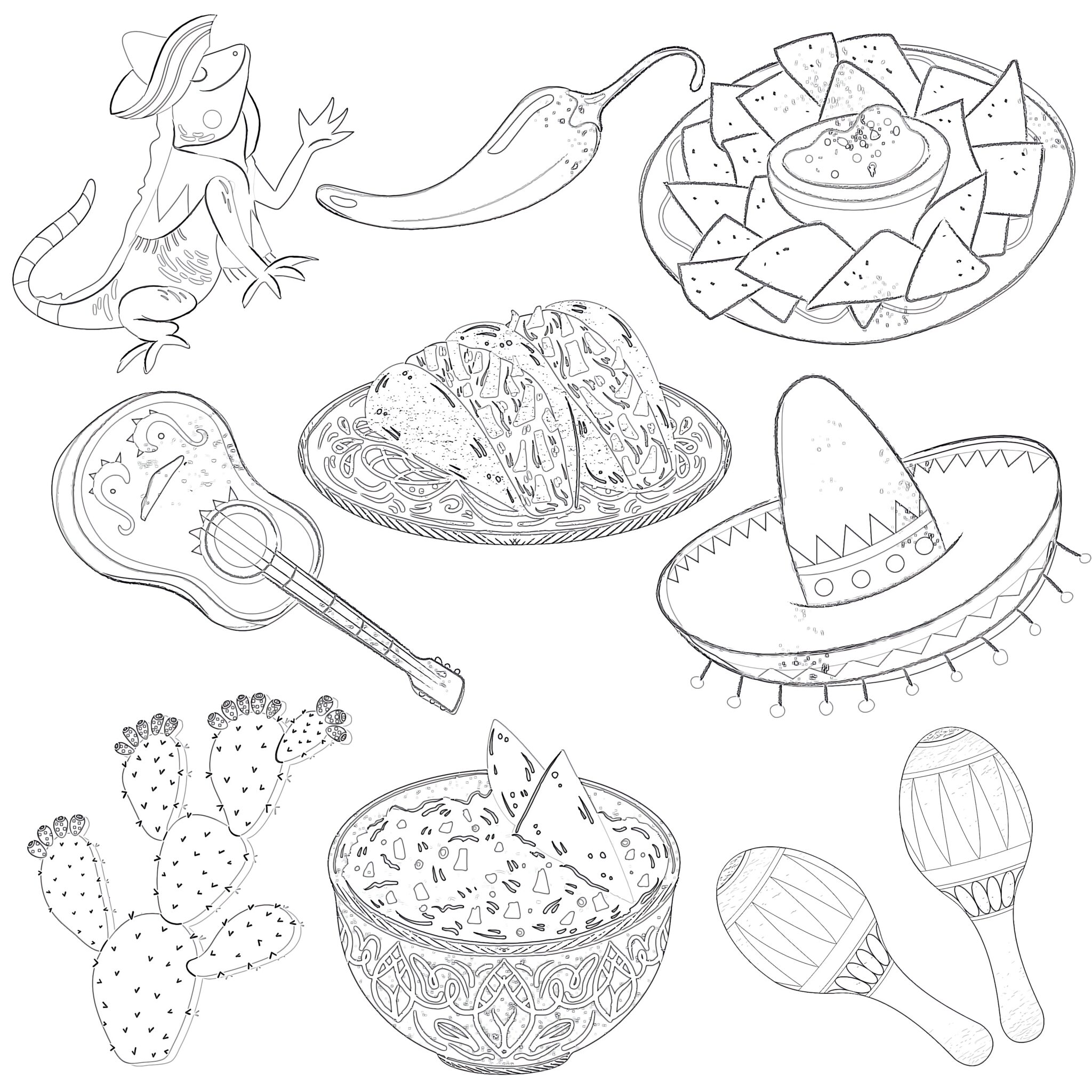 Set Mexican Coloring Page Coloring Pages Mimi Panda
