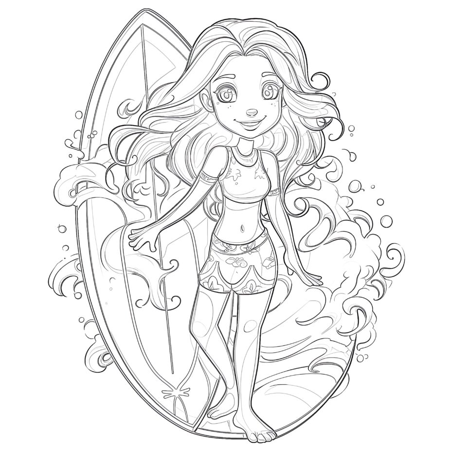 Printable Surfer Girl With Surfboard Coloring Page - Mimi Panda