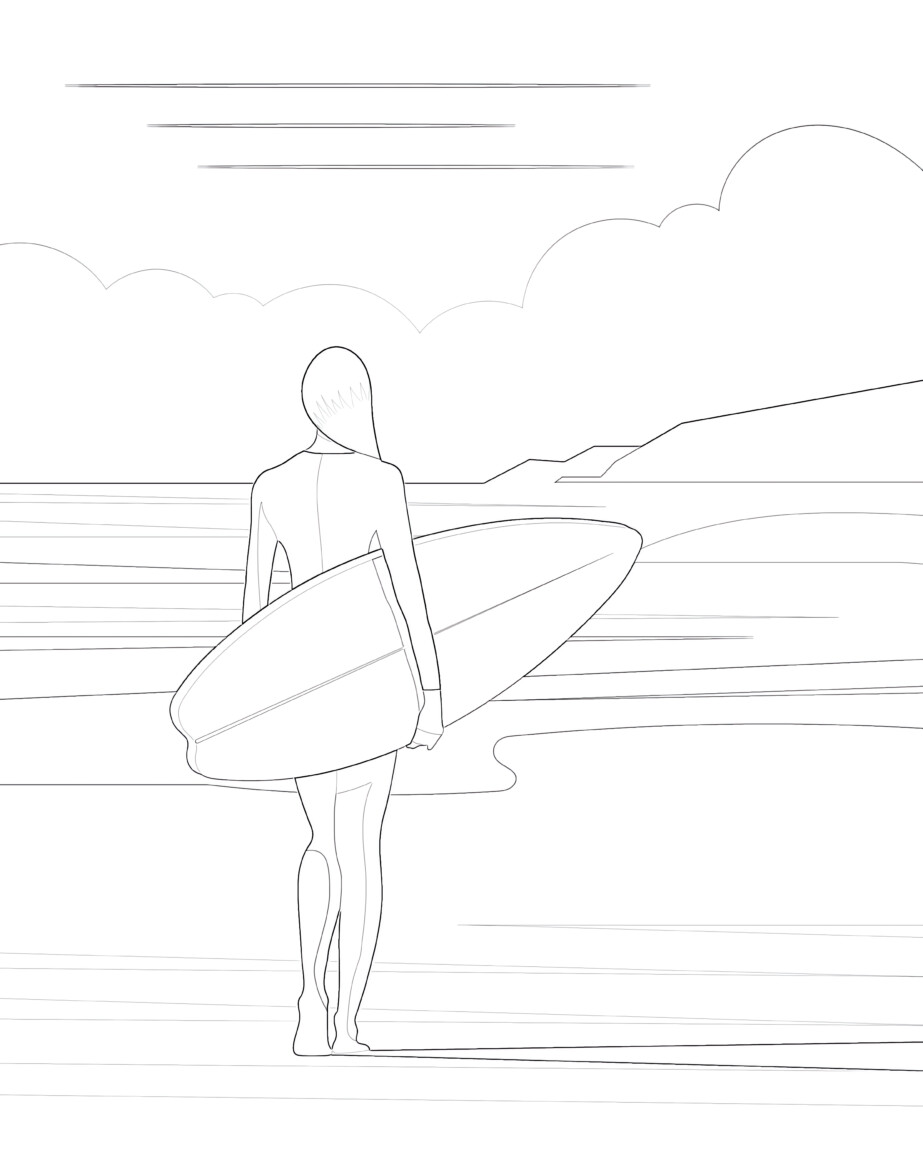 Surfer Girl With Surfboard - Coloring page