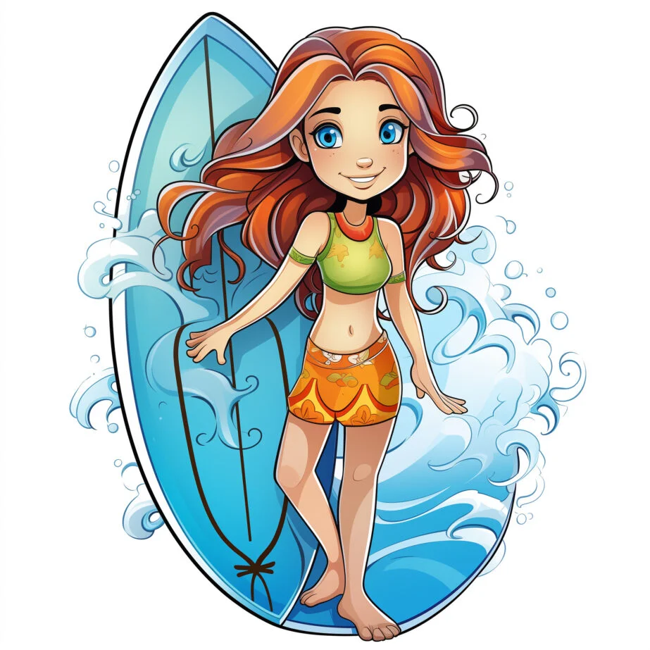 Surfer Girl With Surfboard Coloring Page 2