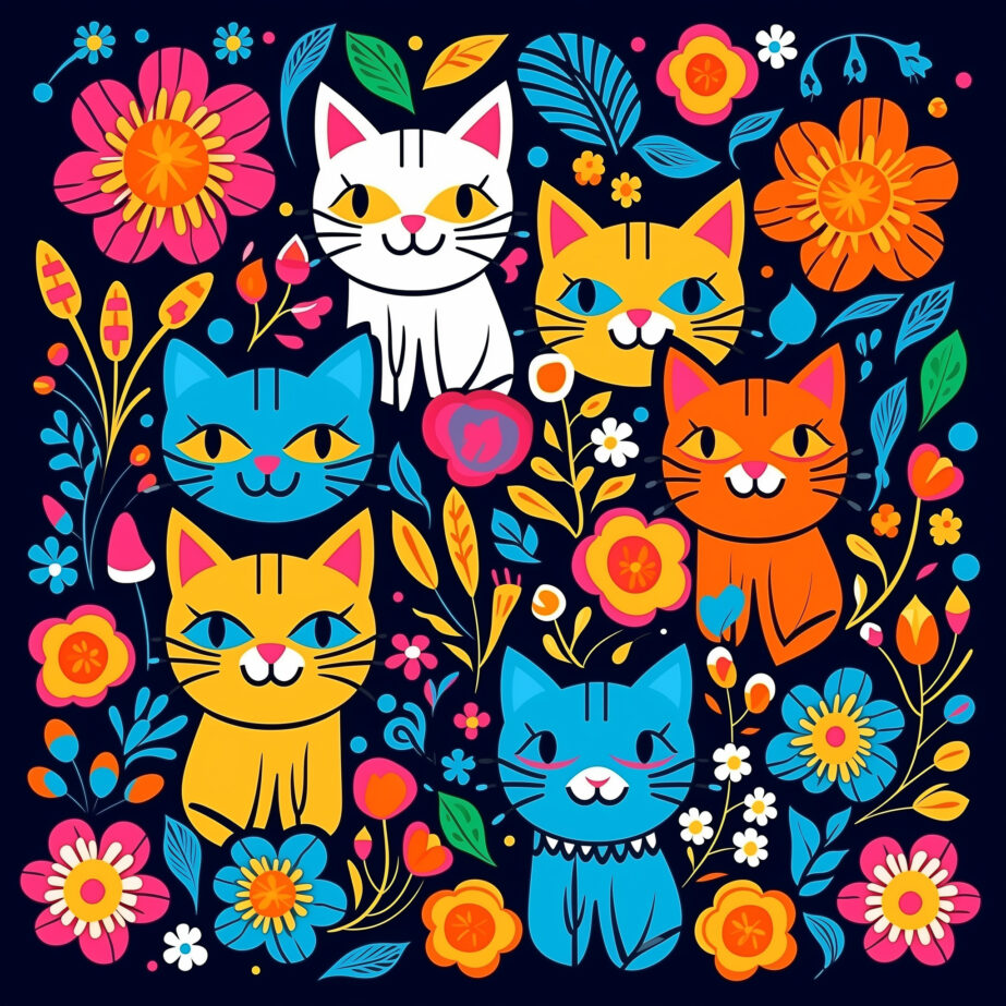 Katzen und Blumen Muster Färbung Seite 2