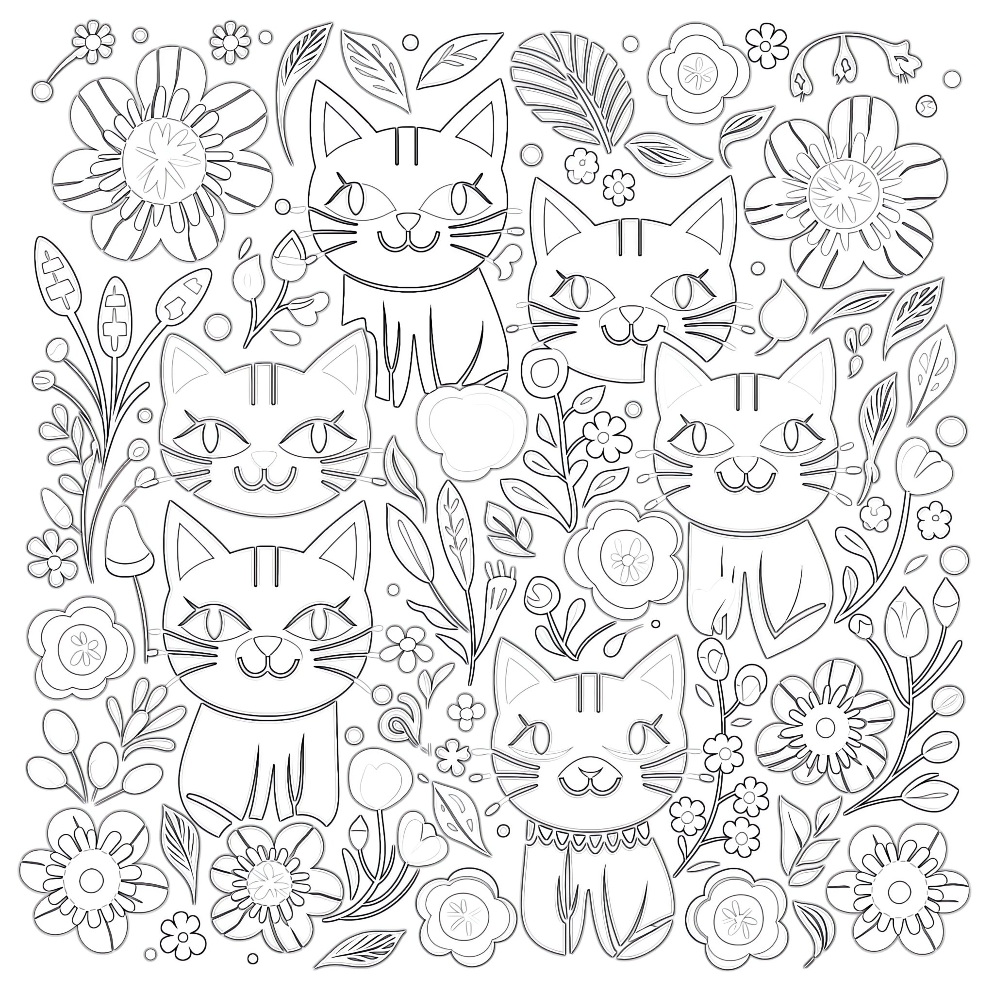 Cats and Flowers Pattern Coloring Page | Coloring Pages Mimi Panda