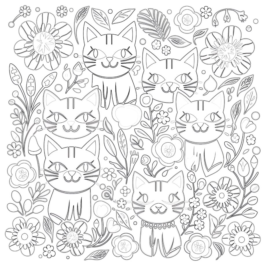Cats and Flowers Pattern Coloring Page