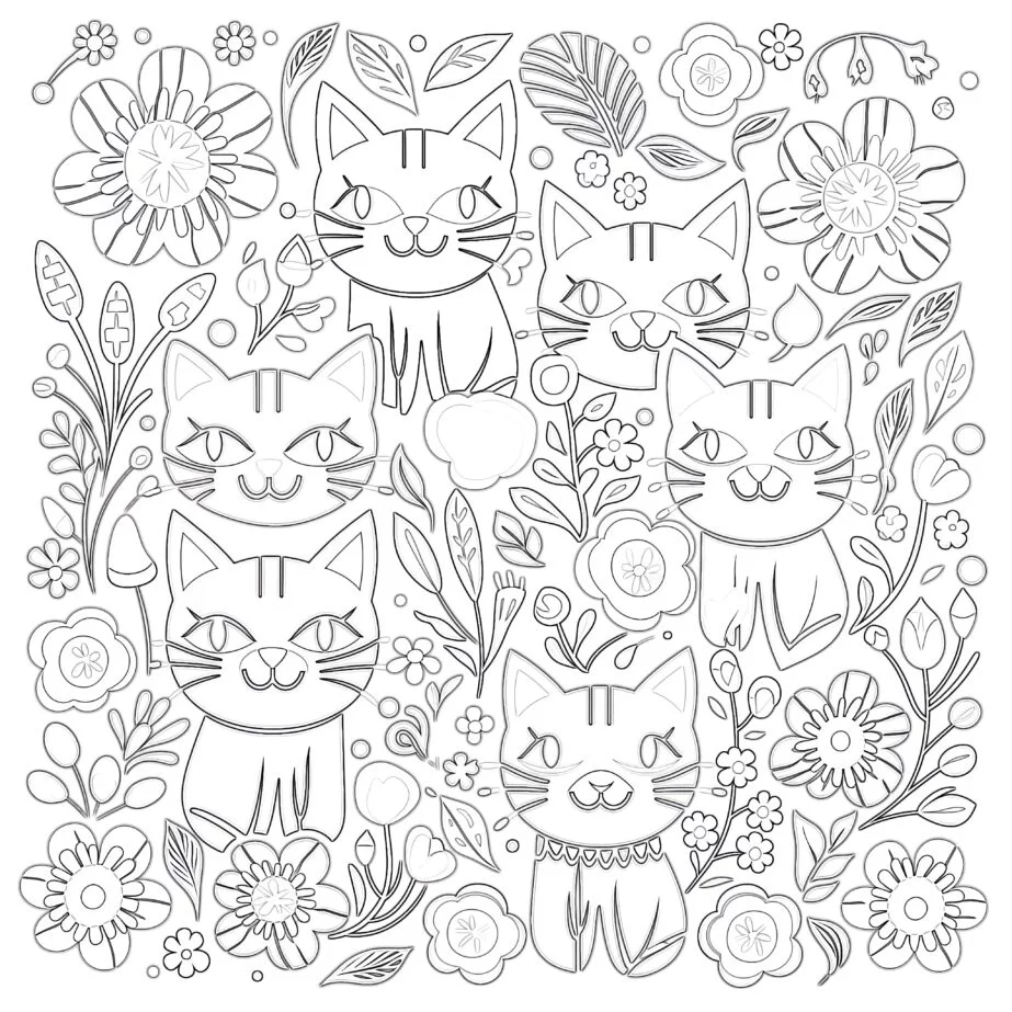 Cats and Flowers Pattern Coloring Page