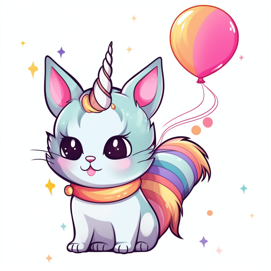 Página Para Colorear de un Lindo Gato Unicornio Con Globo 2