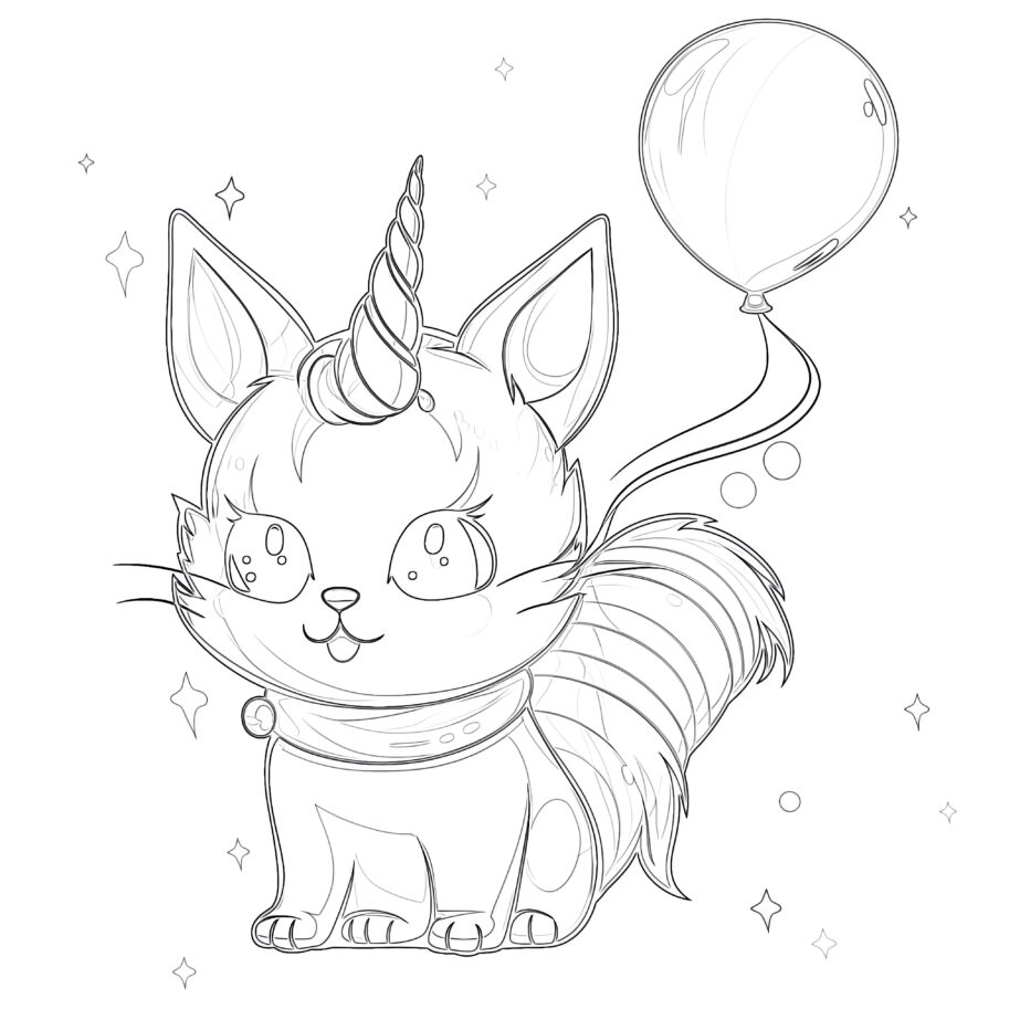 Uroczy Kot Jednorożec z Balonem Kolorowanka