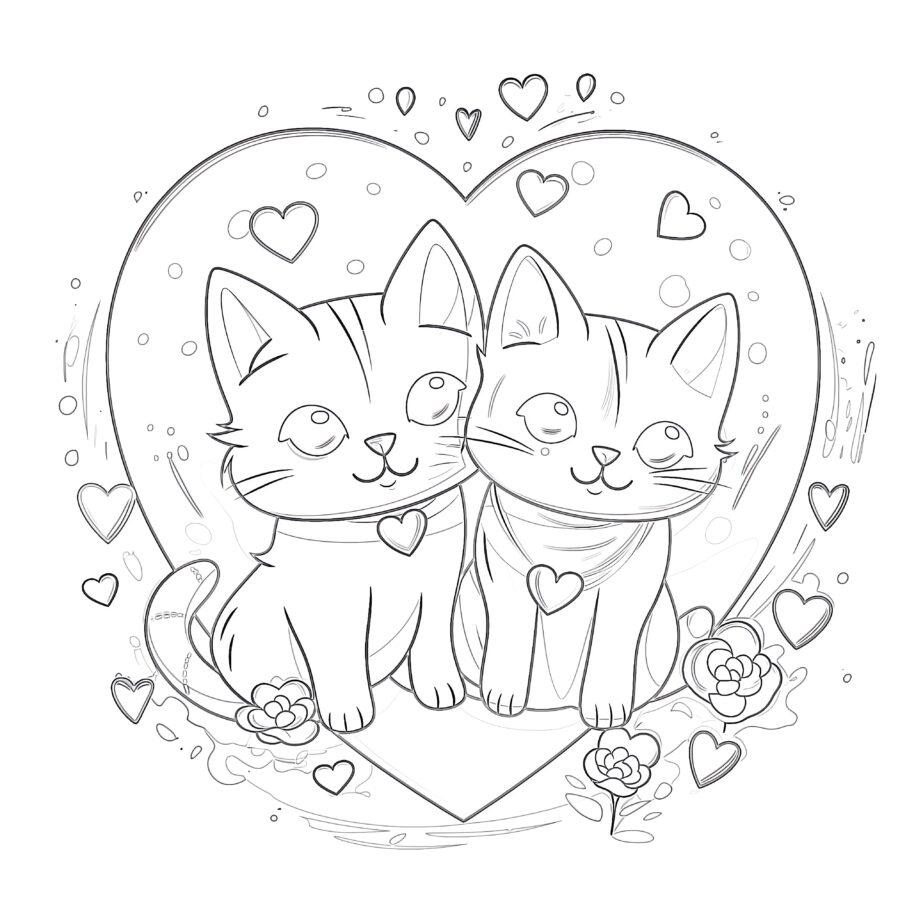 Página Para Colorear de San Valentín Con Gatos