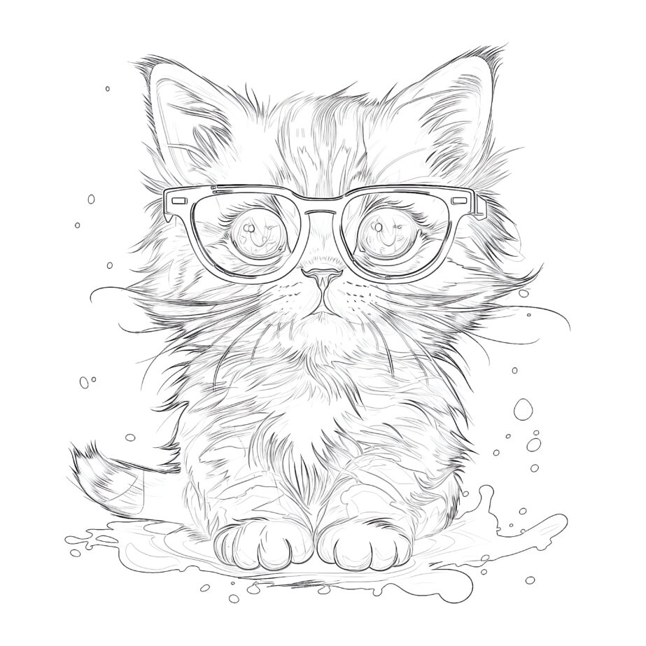Little Kitten with Glasses Coloring Page