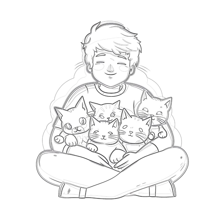 Person with Cats Coloring Page