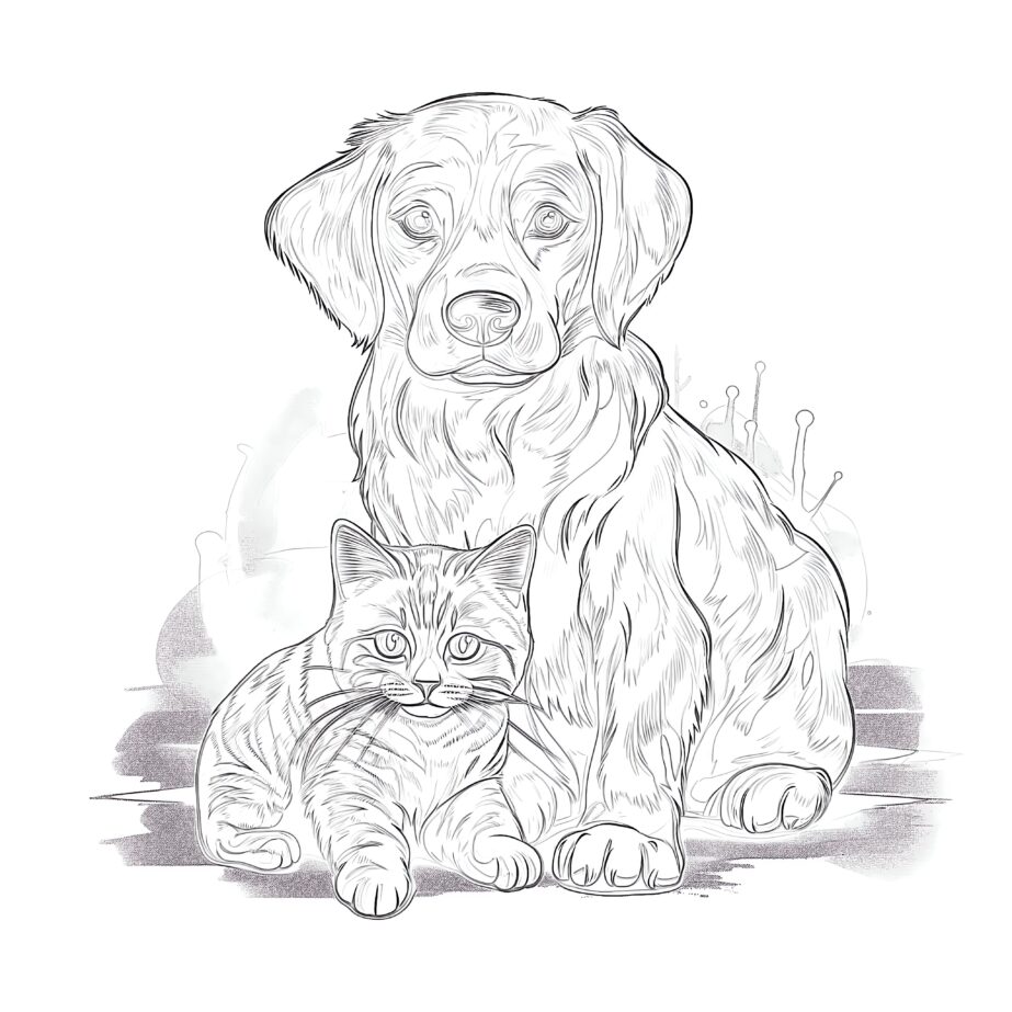 Página Para Colorear de Un Gato y Un Perro