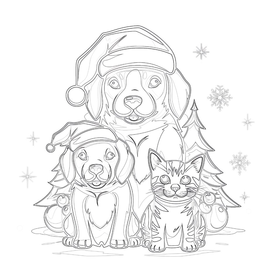 Christmas Cats And Dogs Coloring Pages