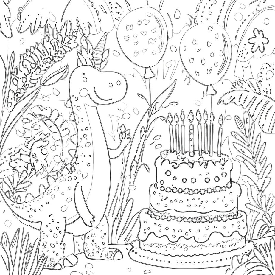 恐竜の誕生日お祝いぬりえページ | 塗り絵 ミミパンダ