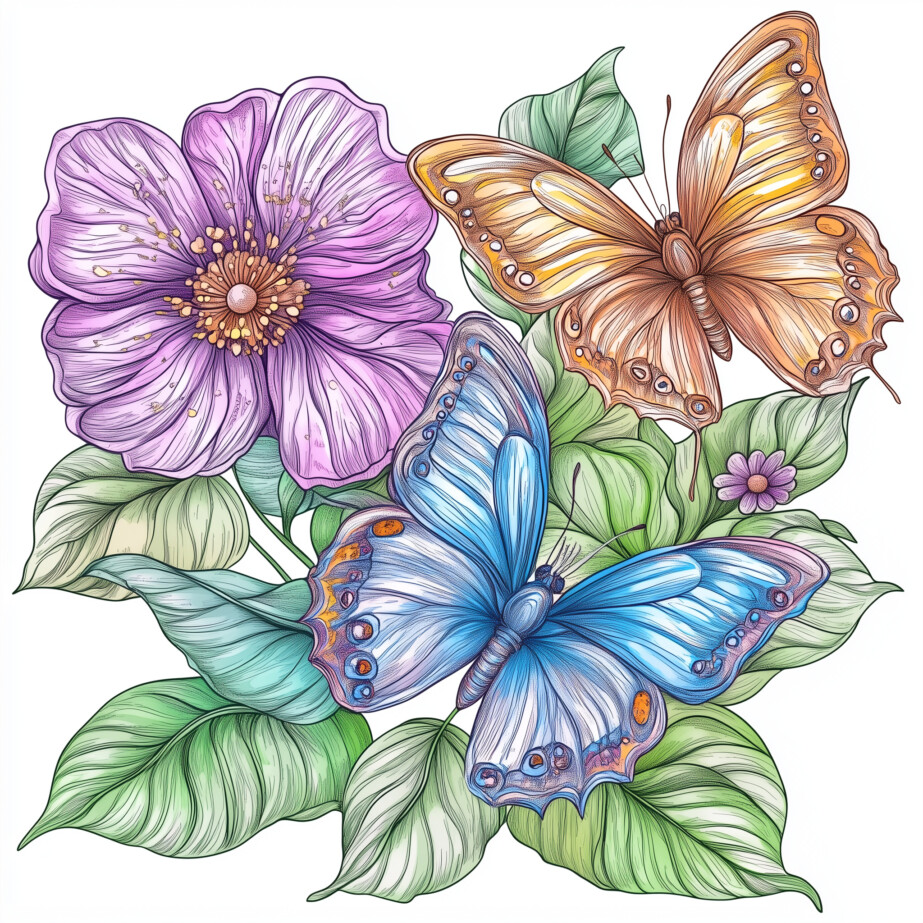 Butterflies And Flowers Coloring Pages 2