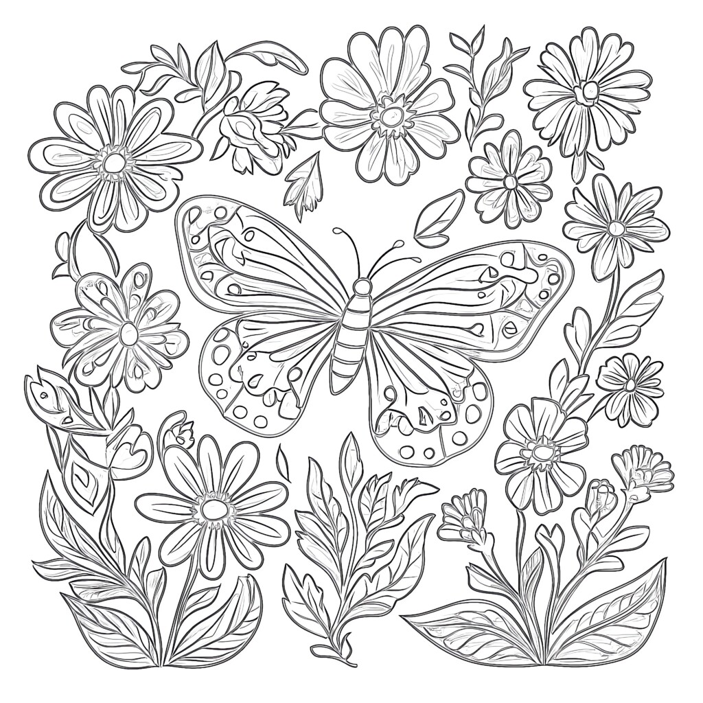 Butterfly On Flower Coloring Pages | Coloring Pages Mimi Panda