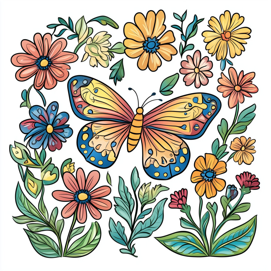 Butterfly On Flower Coloring Pages 2