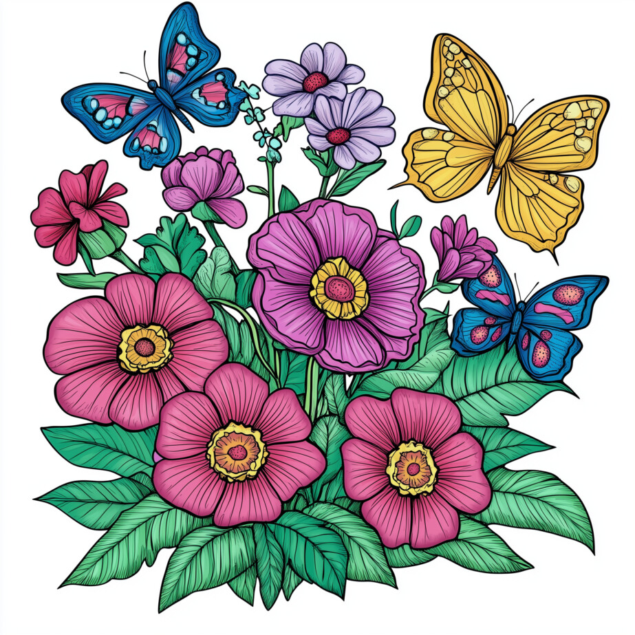 Flowers With Butterflies Coloring Pages 2