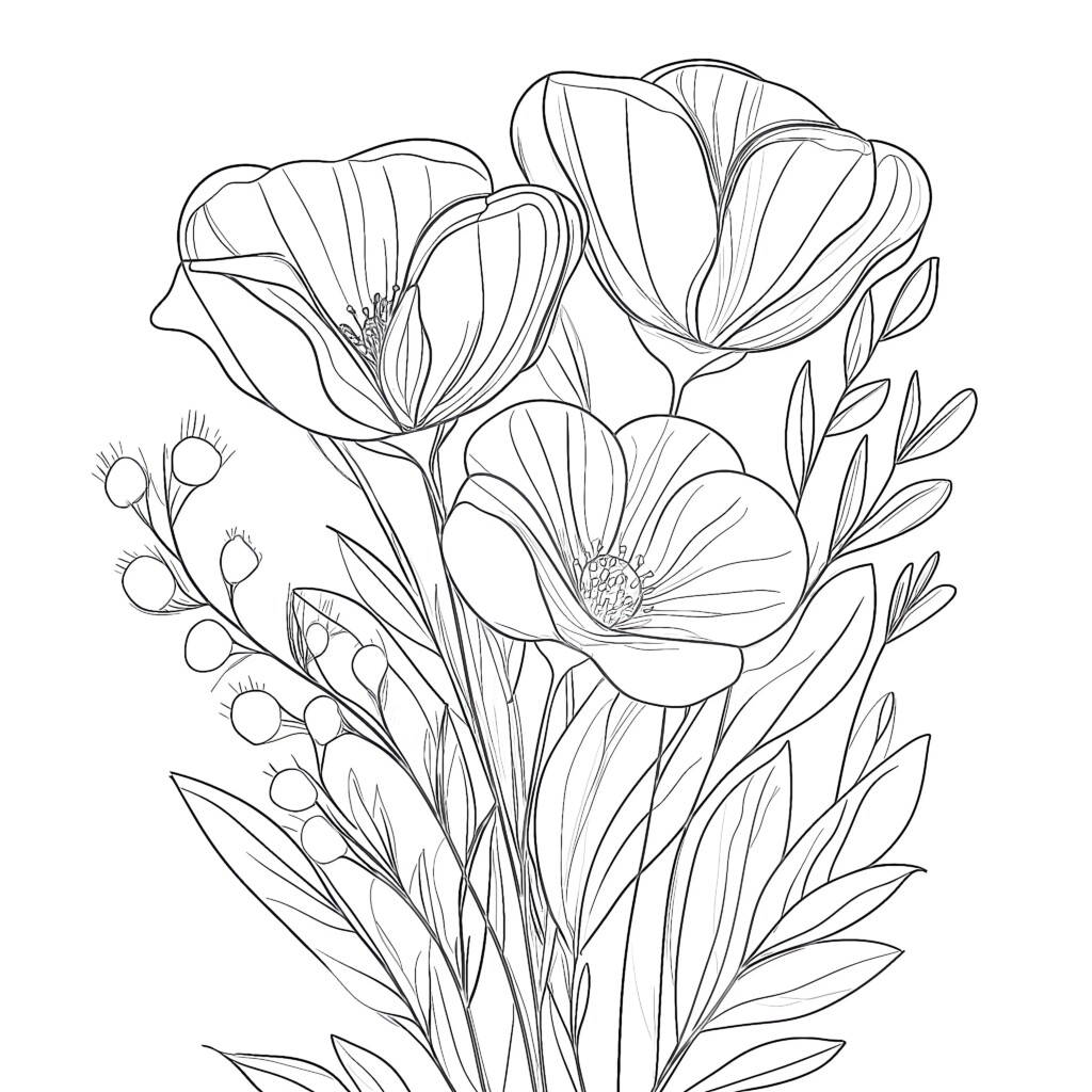 Flower Bouquet Coloring Sheet | Coloring Pages Mimi Panda