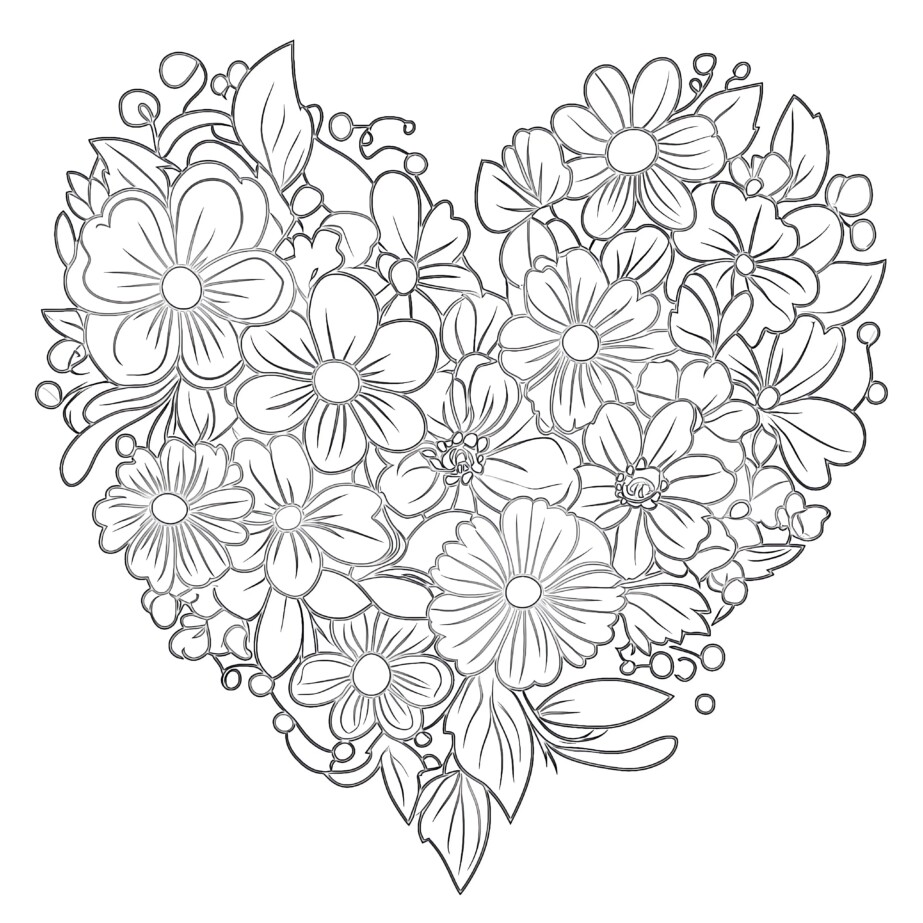 Heart With Roses Coloring Pages Rose Heart Line Drawing 1 Art Print By