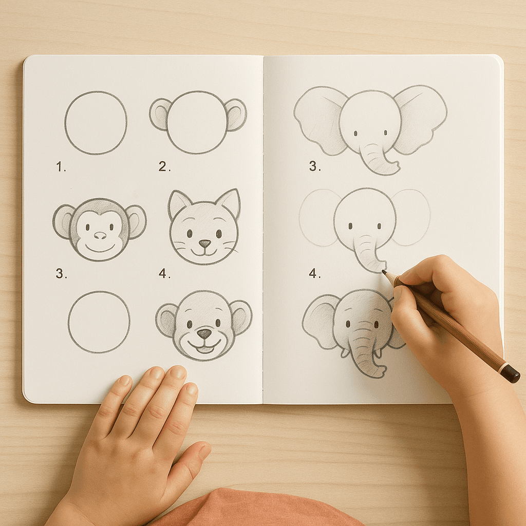 Stap voor stap Dierengezicht Tekenen Voor Kinderen Eenvoudige 