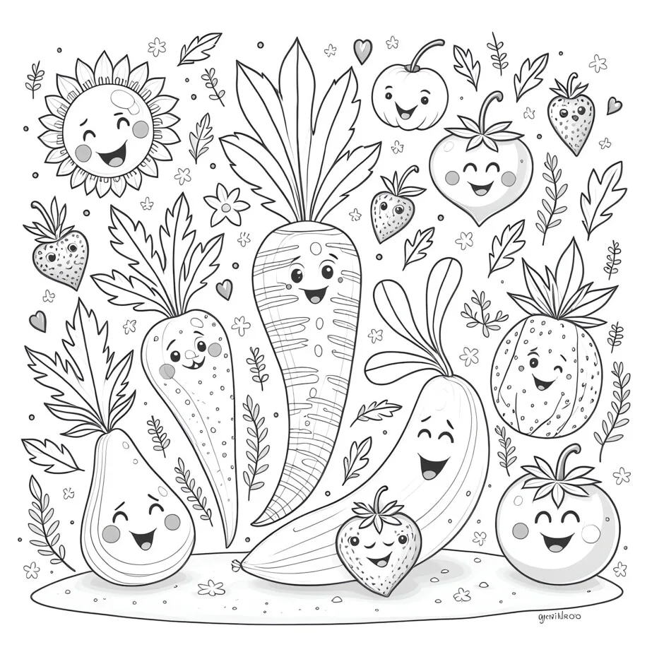 Coloring Page Fruits And Vegetables | Coloring Pages Mimi Panda, image size:923x923