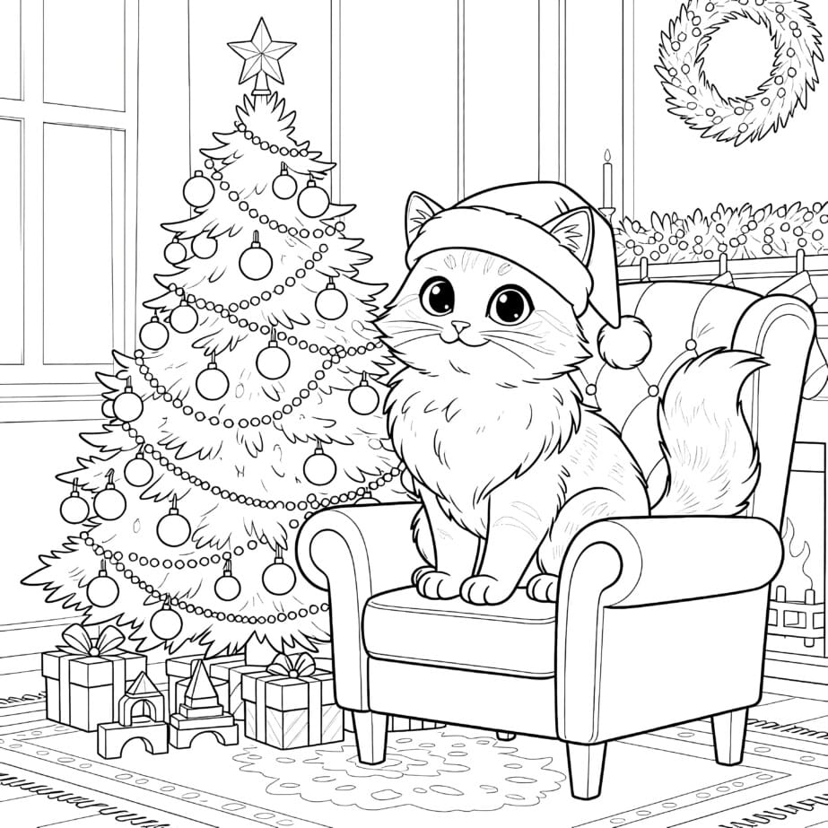 Cat Christmas Coloring Page