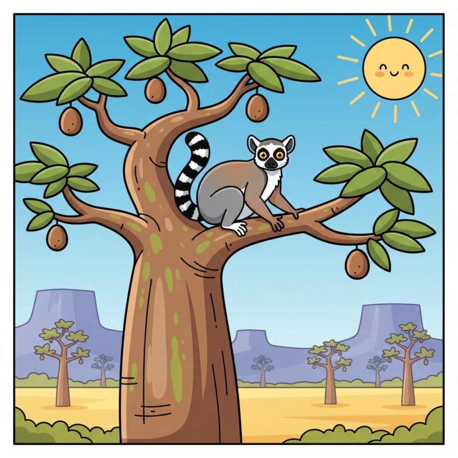 Lemur On Baobab Tree Coloring Page 2